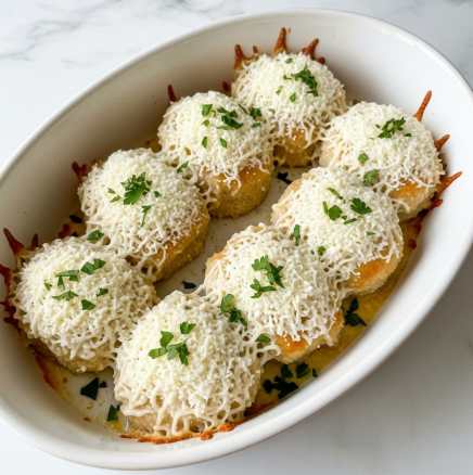The image shows a white oval baking dish filled with six pieces of cooked food, each piece topped with a thick layer of shredded white cheese and sprinkled with chopped green herbs. The pieces are golden brown and sit closely together in two rows, with the cheese layer covering most of each piece, giving a soft, slightly textured look. Small bits of melted cheese drip slightly on the edges of the dish. The dish is set on a white marbled surface. photo taken with an iphone --ar 4:5 --v 7