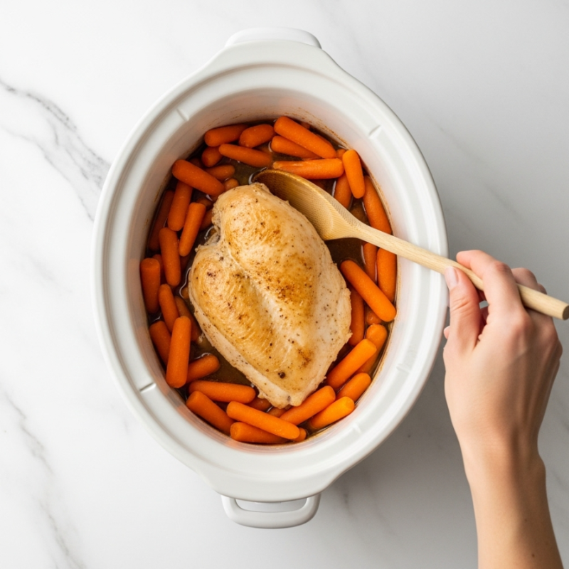 Slow Cooker Garlic Butter Chicken and Veggies Recipe 4 The image shows a white oval slow cooker filled with cooked food against a white marbled surface. Inside, at the bottom, there are small orange baby carrots arranged around the edge. On top of the carrots, a large piece of cooked, light brown chicken sits in the center. A woman's hand holds a wooden spoon, stirring or lifting the chicken. The colors include the orange of the carrots, the light brown of the chicken, and the dark interior of the cooker. The scene is bright and natural. photo taken with an iphone --ar 4:5 --v 7