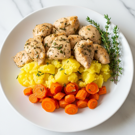 Slow Cooker Garlic Butter Chicken and Veggies Recipe 5 The image shows a white plate filled with a dish featuring several layers: the bottom layer has bright orange carrot chunks, next are yellow potatoes with a smooth texture, and on top are light brown cooked chicken pieces sprinkled with herbs. A small sprig of fresh thyme rests on the side, and the white marbled surface underneath adds a clean look. The chicken looks tender with a slightly glossy finish from the sauce. Photo taken with an iphone --ar 4:5 --v 7