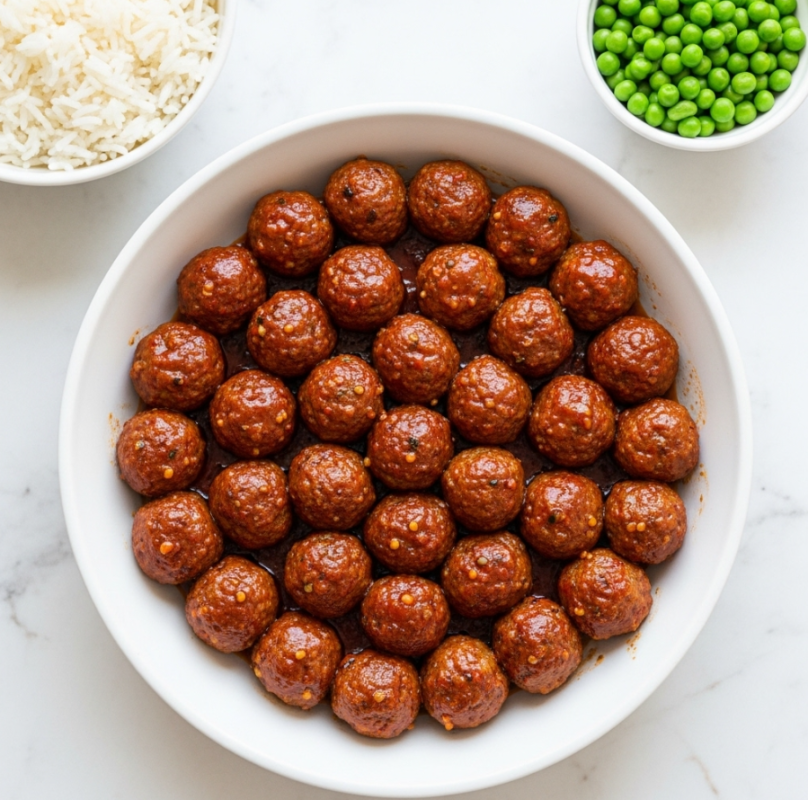 A white dish filled with a single layer of small, round meatballs covered in a shiny reddish sauce with visible small bits of seasoning. The meatballs are arranged closely together, filling the dish. Around the dish, there is a bowl of white rice and a small bowl of green peas on a white marbled surface. Photo taken with an iphone --ar 4:5 --v 7