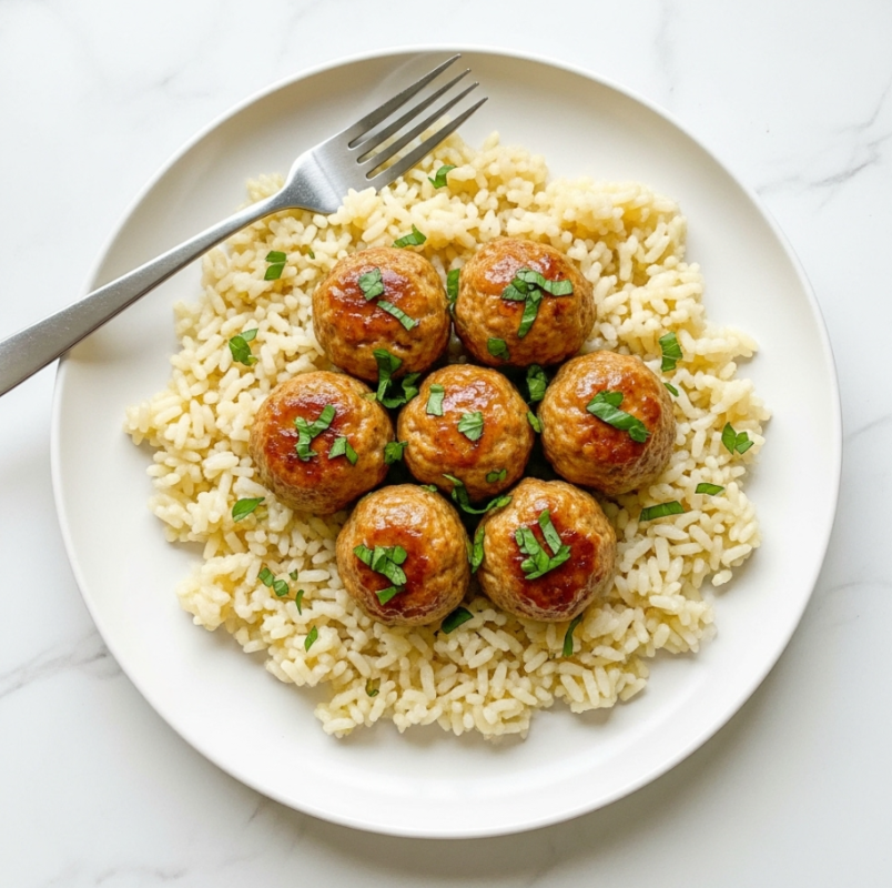 The image shows a white round plate on a white marbled surface. On the plate, there is a base layer of light yellow rice with a soft texture, spreading evenly to cover most of the plate. On top of the rice, there are six golden-brown meatballs that look moist and shiny, arranged in a cluster near the center. Each meatball is sprinkled with small, fresh green herb pieces, adding a touch of bright color. A silver fork is placed near the top edge of the plate, partly touching the rice. The overall look is warm and inviting. photo taken with an iphone --ar 4:5 --v 7