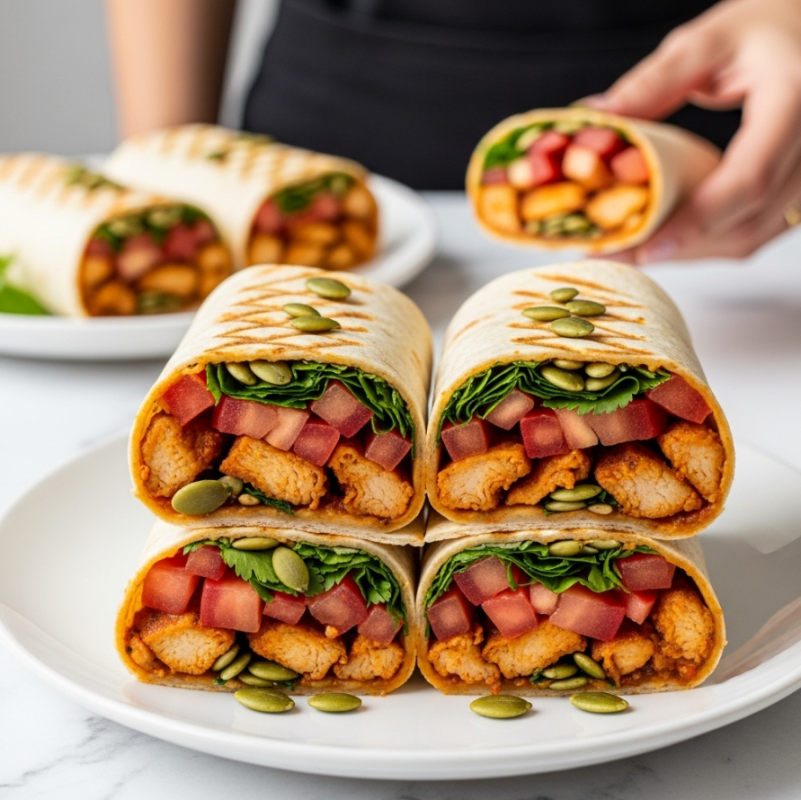 A single white tortilla lies flat on a white marbled surface, topped with a thick orange sauce spread evenly across the center. Above the sauce layer, there is a mix of green edamame, shredded white cheese, thinly sliced almonds, and fresh cilantro leaves. The toppings add a fresh and crunchy texture to the dish with green and light brown colors contrasting against the orange sauce and white tortilla. Photo taken with an iphone --ar 4:5 --v 7
