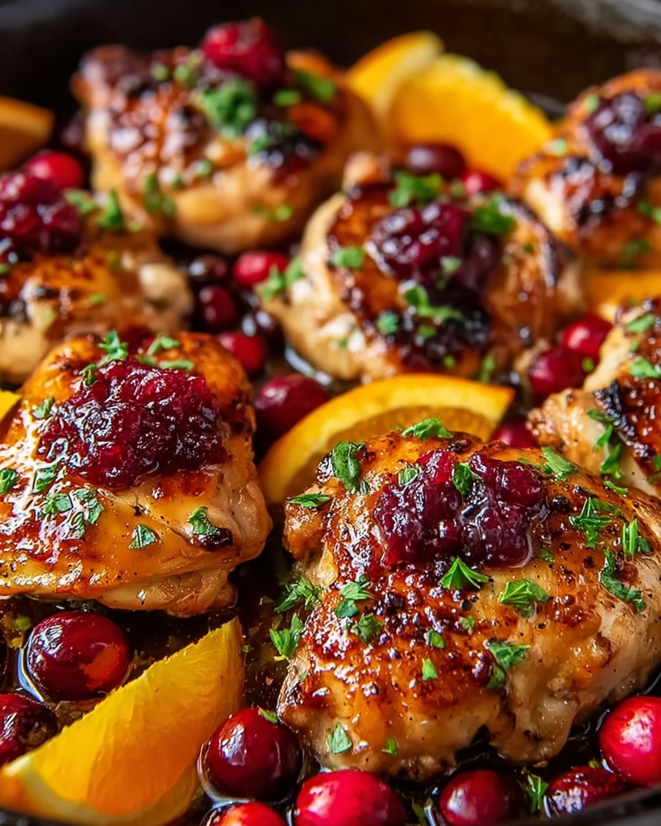 This image shows a close-up of a white dish filled with cooked chicken thighs that have a shiny, golden-brown glaze with some darker caramelized spots. Around the chicken, there are thin slices of bright orange citrus fruit with smooth textures and small, round, red berries scattered on top and between the chicken pieces. Small orange zest bits are sprinkled over the chicken skin, adding a touch of texture and color contrast. The dish is slightly glossy with visible juices pooling at the bottom, all set on a white marbled surface. Photo taken with an iphone --ar 4:5 --v 7
