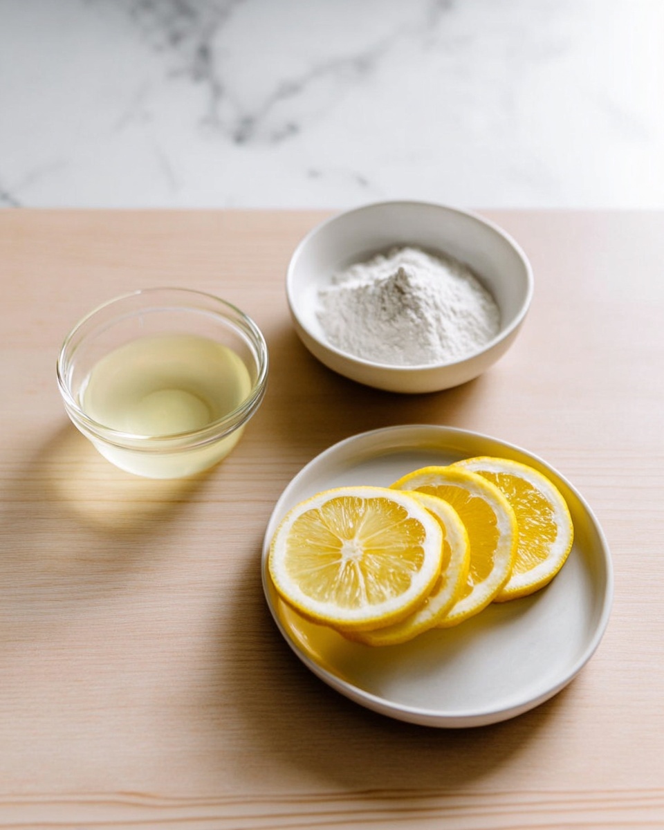The image shows three small white dishes placed on a light wooden table with a white marbled background. On the left, there is a small clear glass bowl filled with a light yellow liquid. In the center, a white bowl holds a small mound of white powder with a soft texture. On the right, a small white plate contains seven thin slices of lemon arranged in a slight spiral, with their bright yellow color and moist texture clearly visible. Photo taken with an iphone --ar 4:5 --v 7