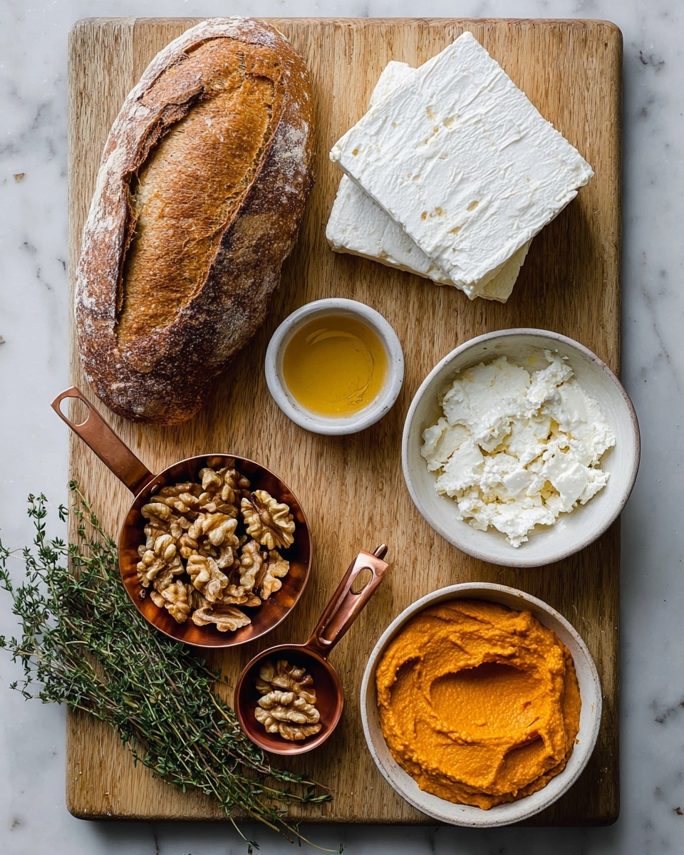 The image shows a wooden cutting board with different ingredients arranged on top, placed on a white marbled surface. On the left side, there is a golden brown loaf of bread with a crusty texture and a deep cut down the middle. Near the bottom left corner, fresh green thyme sprigs are laid out. At the top right, a white bowl holds two thick, white, smooth blocks of cheese with some crumbly texture showing on the edges. Below, a small white bowl contains uneven pieces of light brown walnuts. Two copper measuring cups are present—one filled with smooth, bright orange puree with a slightly rough surface, the other holding a creamy white substance with a smooth texture and slightly glossy top. In the middle of the board, there is a small white bowl with golden honey, reflecting light and showing a smooth liquid surface. photo taken with an iphone --ar 4:5 --v 7