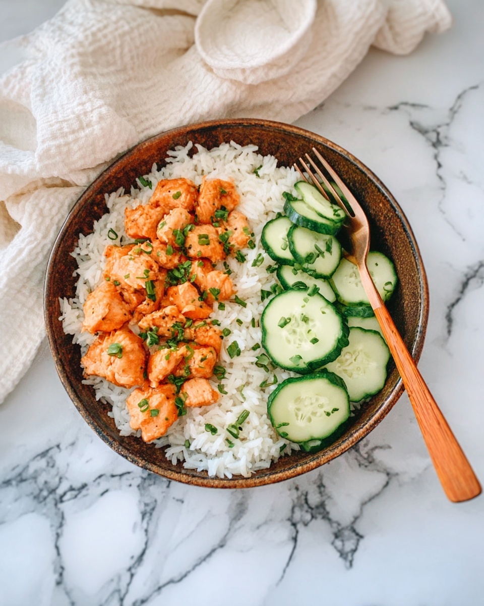 The image shows a white bowl filled with three layers of food on a white marbled surface. The bottom layer is soft white rice filling most of the bowl. On top of the left side of the rice, there are small pieces of orange cooked chicken, with green herbs sprinkled on them. On the right side of the rice, thinly sliced cucumber pieces are layered closely together. Above the bowl, a woman’s hand holds a wooden fork over a creamy white cloth. Photo taken with an iphone --ar 4:5 --v 7
