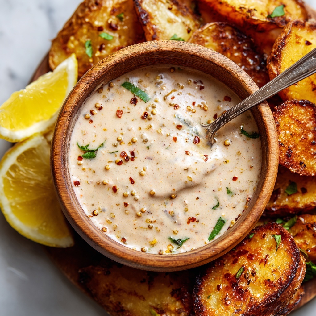 A close-up shows a woman's hand dipping a small, round, golden-brown fried food into a creamy sauce in a dark wooden bowl. The sauce is light beige with green and red specks on top. Around the bowl, there are crispy potato chips that are light golden. In the background, more fried pieces and a whole yellow lemon sit slightly out of focus, all on a white marbled surface. The setting feels warm and casual, with soft natural light shining on the textures. photo taken with an iphone --ar 4:5 --v 7