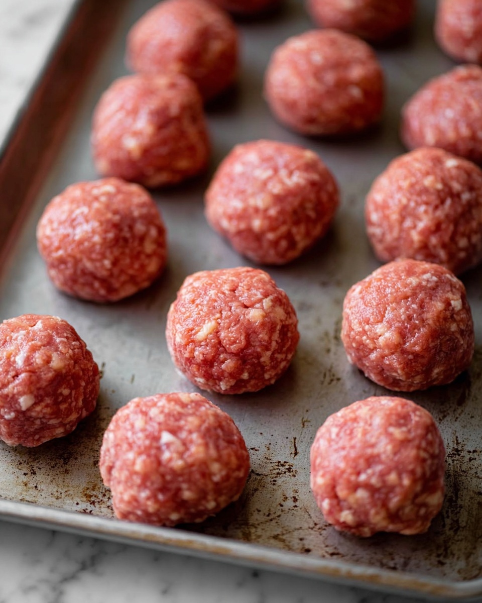 The image shows several round raw meatballs arranged neatly in rows on a silver baking tray. Each meatball is roughly the same size, with a textured surface made of ground meat mixed with small white bits, possibly onion or fat. The meatballs have a pinkish-red color with a slightly uneven but compact shape. The silver tray has a matte finish with some dark marks and scratches, giving it a used look. The background is a white marbled texture. photo taken with an iphone --ar 4:5 --v 7