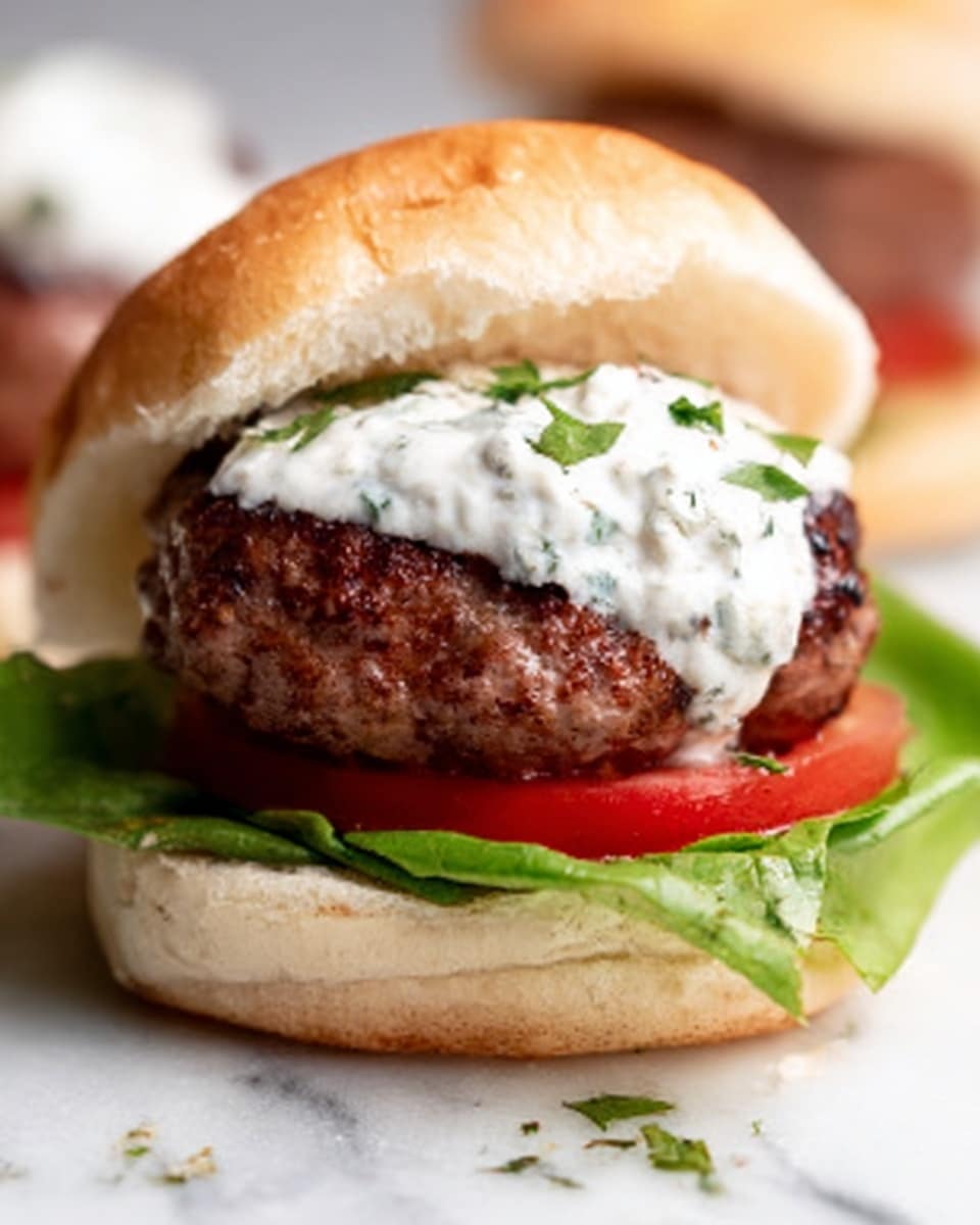 A close-up view of a white bun hamburger shows a juicy grilled beef patty sitting on green leafy lettuce and a thick red tomato slice. On top of the patty, there is a dollop of white creamy sauce sprinkled with small green herbs. The hamburger bottom bun is soft and light beige, while the top bun leans off to the side, showing a soft texture. The scene rests on a white marbled surface with a blurred background. photo taken with an iphone --ar 4:5 --v 7