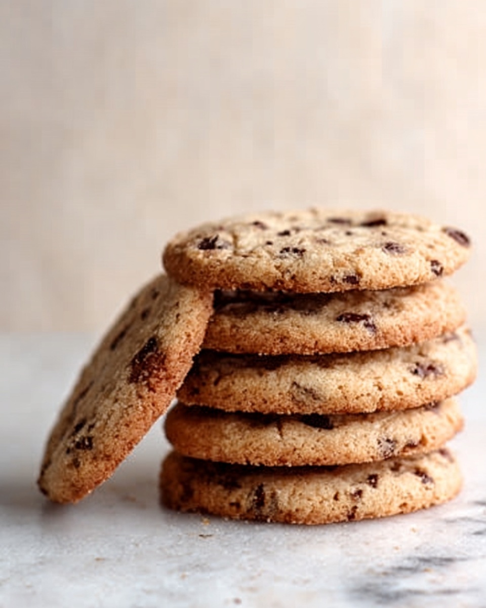 A stack of six chocolate chip cookies arranged leaning against each other on a white marbled surface. The cookies have a light golden-brown color with visible dark chocolate chips scattered throughout. The edges are slightly darker and textured, showing a crisp look, while the centers appear softer and dense. The background is blurred in a light neutral tone, keeping the focus on the cookies. Photo taken with an iphone --ar 4:5 --v 7