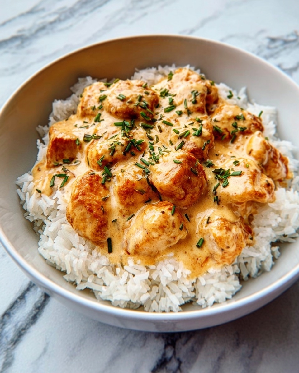 The image shows a white plate filled with cooked white rice topped with pieces of golden brown chicken covered in a creamy sauce. The sauce is thick and slightly yellow, spreading over the chicken and rice, with small green herb sprinkles scattered evenly on top. The texture of the chicken looks tender and juicy, while the rice appears soft and fluffy. The plate sits on a surface with a white marbled texture. Photo taken with an iphone --ar 4:5 --v 7