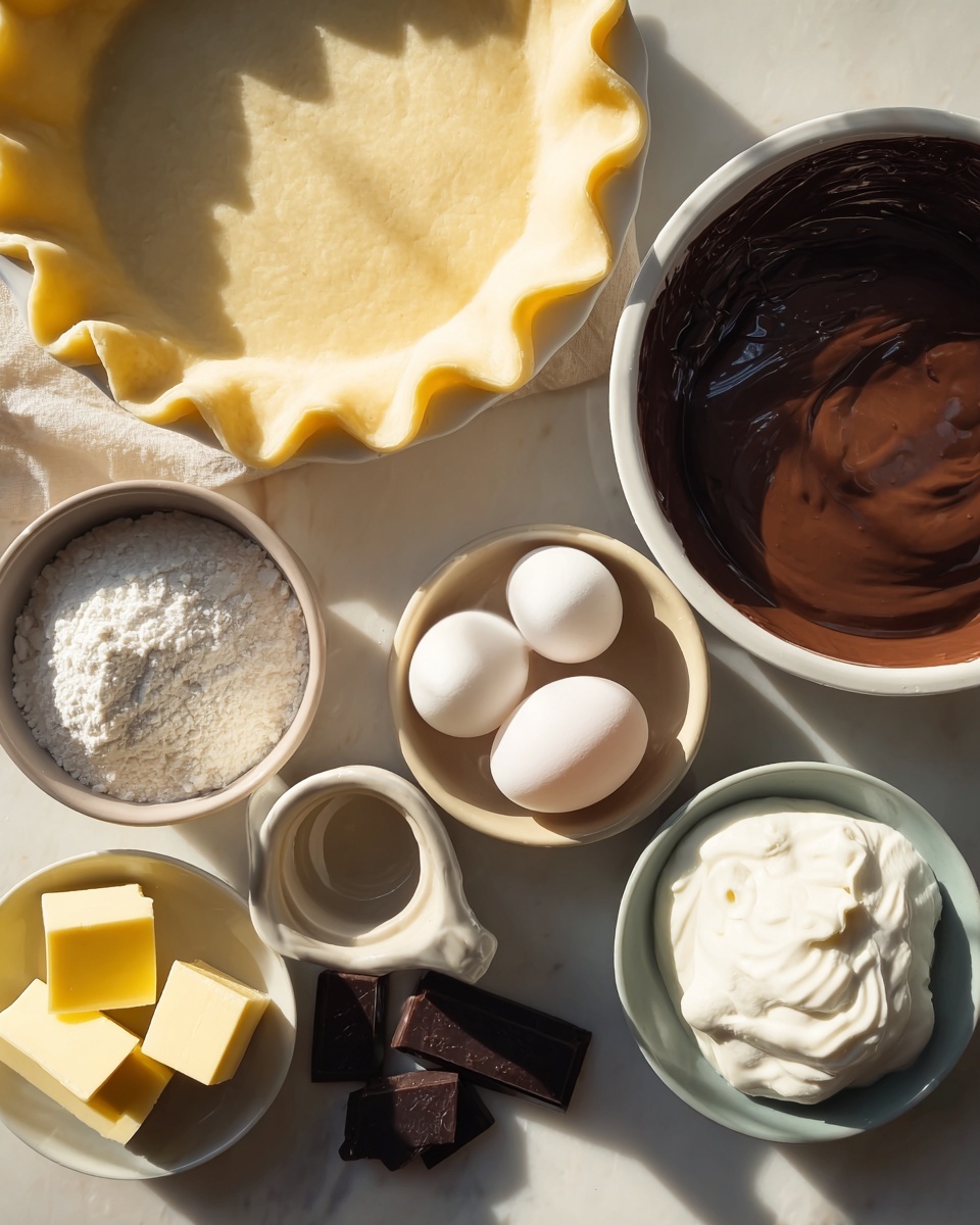 The image shows a top view of various ingredients arranged on a white marbled surface, ready for baking. At the top left, there is an unbaked pie crust with a wavy edge in a white pie dish. Next to it, on the right, a large bowl filled with smooth, dark brown chocolate cream or ganache. Below them, several small white and light gray bowls hold white sugar, two whole eggs on a beige plate, a cracked egg in a small white pitcher, and a few chunks of yellow butter on a small white plate. Dark chocolate pieces are scattered near the eggs, while a dollop of white cream or sour cream is set in a white bowl at the bottom right. The natural light creates soft shadows and highlights the textures of the ingredients. Photo taken with an iphone --ar 4:5 --v 7