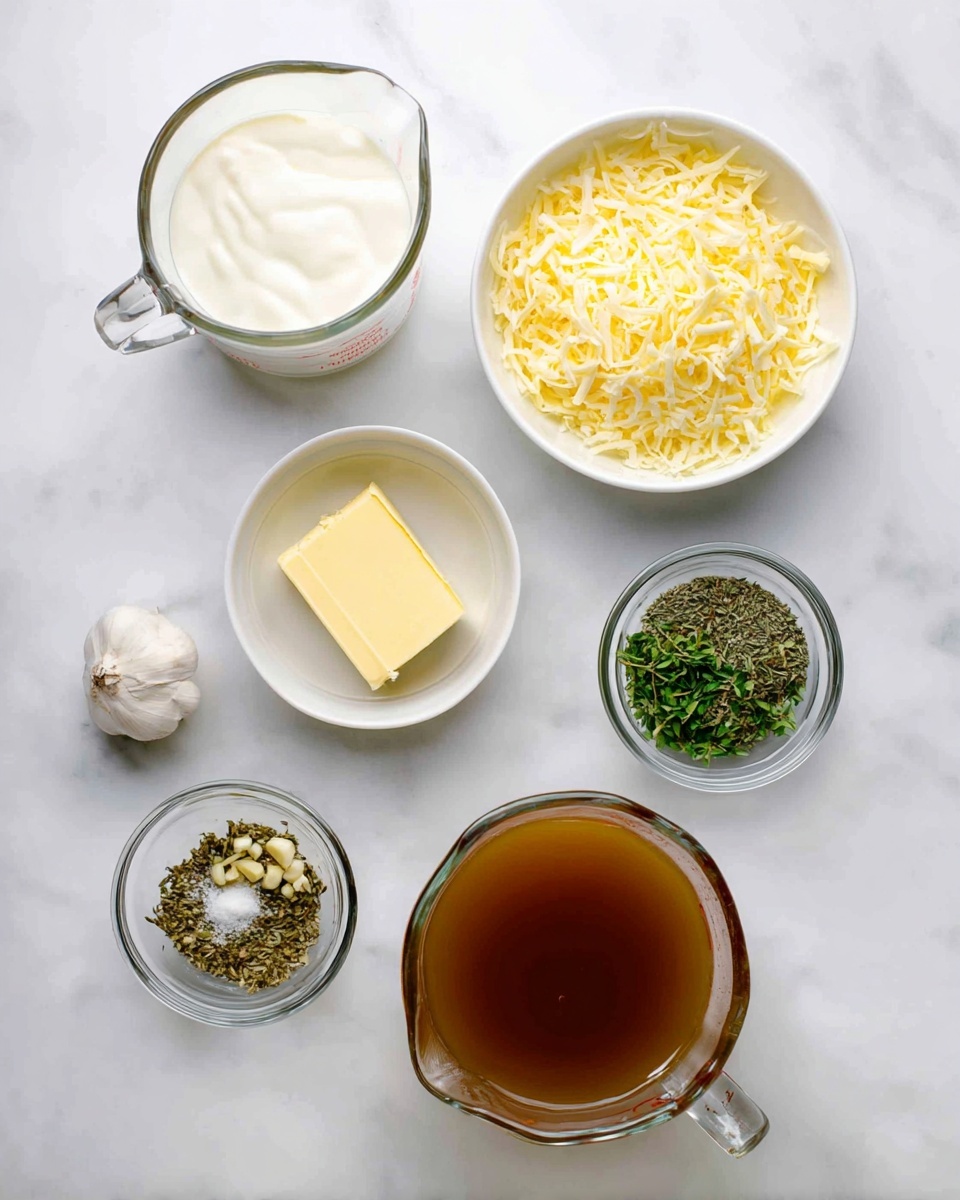 The image shows six clear and white bowls and measuring cups arranged on a white marbled surface, each containing different ingredients. From top to bottom and left to right: a clear glass measuring cup filled with white cream, a small white bowl holding a square piece of yellow butter, a medium white bowl filled with shredded yellow cheese, a small clear bowl with chopped green herbs, a small clear bowl containing minced garlic, a small clear bowl with mixed dried herbs, and a large glass measuring cup filled with brown broth. All items are neatly placed and viewed from above. photo taken with an iphone --ar 4:5 --v 7