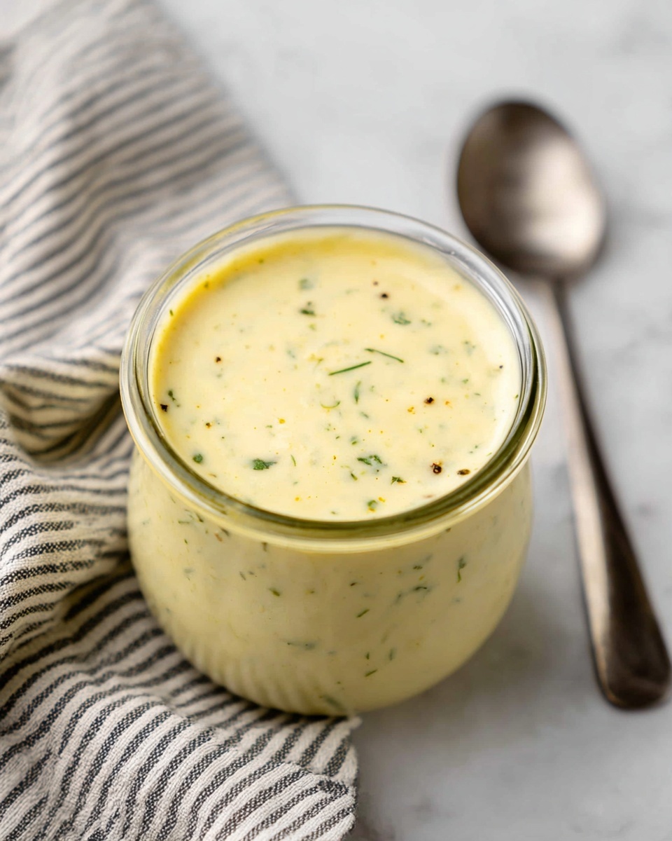 A clear glass jar filled with a creamy, pale yellow sauce that has small specks of green herbs and black pepper scattered throughout, showing a smooth and slightly thick texture. The jar is placed on a soft white marbled surface next to a grey and white striped cloth, and a silver spoon lies blurred in the background. The sauce fills the jar to the top, with its creamy surface slightly uneven but without any visible separation or lumps. photo taken with an iphone --ar 4:5 --v 7