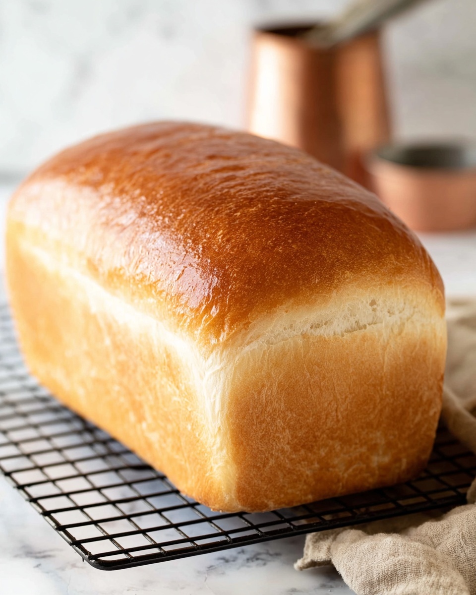 A loaf of bread with a shiny, golden brown top crust resting on a black cooling rack. The sides and bottom crust are light brown and soft looking, with a smooth texture. The bread is thick and tall, showing three soft layers where the dough rose. The background is a white marbled surface with a copper measuring cup and tools out of focus behind the loaf. photo taken with an iphone --ar 4:5 --v 7