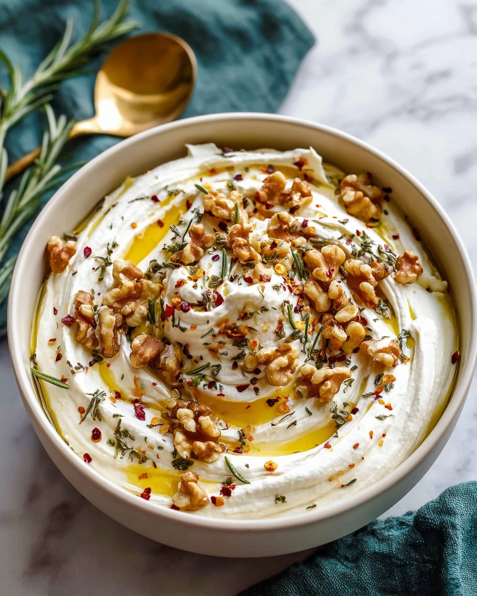 A white bowl filled with a thick layer of creamy white cheese spread that has soft swirls on the surface. On top, golden olive oil pools in small sections, sprinkled with small pieces of brown walnuts, green fresh rosemary sprigs, and red chili flakes scattered evenly. A toasted slice of bread with a golden-brown crust and soft inside is being held by a woman's hand, topped with a dollop of the cheese spread and some walnut pieces and rosemary. The bowl is placed on a white marbled surface with a gold spoon and some green herbs blurred in the background. Photo taken with an iphone --ar 4:5 --v 7