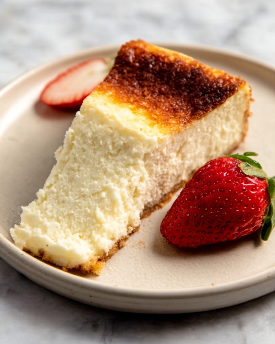 A single slice of cheesecake with a lightly browned top layer and a creamy white inside is placed on a white plate. The cheesecake slice shows soft and smooth texture with a slightly crumbly crust at the bottom. Next to the cheesecake on the same plate, there is a fresh red strawberry with a green leafy top. The plate rests on a white marbled surface. Photo taken with an iphone --ar 4:5 --v 7