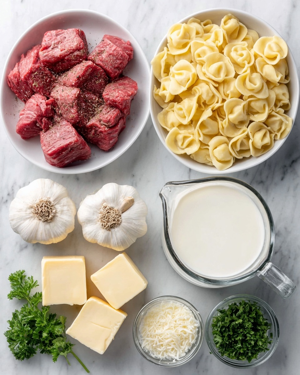 The image shows four white bowls arranged in a 2x2 grid on a white marbled surface. The top left bowl contains several raw beef chunks, red with some black pepper sprinkled on them. The top right bowl is filled with light yellow tortellini pasta shaped like small rings with folded edges. The bottom left bowl holds blocks of pale yellow butter, two garlic bulbs, and a small pile of black pepper. The bottom right bowl has a bunch of green parsley, a small bowl of grated white cheese, and a clear glass pitcher filled with white cream. Photo taken with an iphone --ar 4:5 --v 7