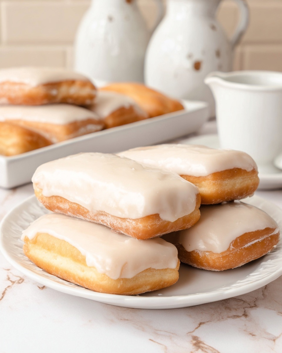 A white plate holds six rectangular pastries stacked in two layers, the top layer showing three pastries with a golden-brown base and a smooth, thick beige icing covering the entire top surface. The bottom layer has three pastries with a lighter golden base and the same beige icing layer. The pastries have a soft, fried texture with slightly rounded edges. In the background, more pastries rest on a white rectangular dish, with a white ceramic pitcher and two rustic white vases adding depth. The surface is a white marbled texture with soft lighting highlighting the creamy icing. photo taken with an iphone --ar 4:5 --v 7