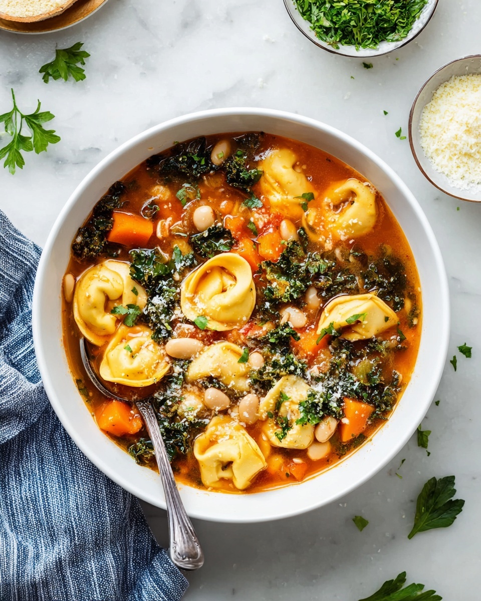 The image shows a white bowl filled with a warm tortellini soup placed on a white marbled surface. The soup has three main layers: a rich orange broth at the base, with chunks of orange carrots and small white beans floating in it; above the broth are green leafy kale pieces scattered throughout; and on top are several pale yellow tortellini pasta going all around the soup, mixed with grated white cheese and small green parsley leaves as garnish. A silver spoon rests inside the bowl on the left side. Next to the bowl, there is a folded blue striped cloth. In the background, there are small white bowls filled with chopped parsley and grated cheese, and some parsley sprigs scattered on the surface. Photo taken with an iphone --ar 4:5 --v 7