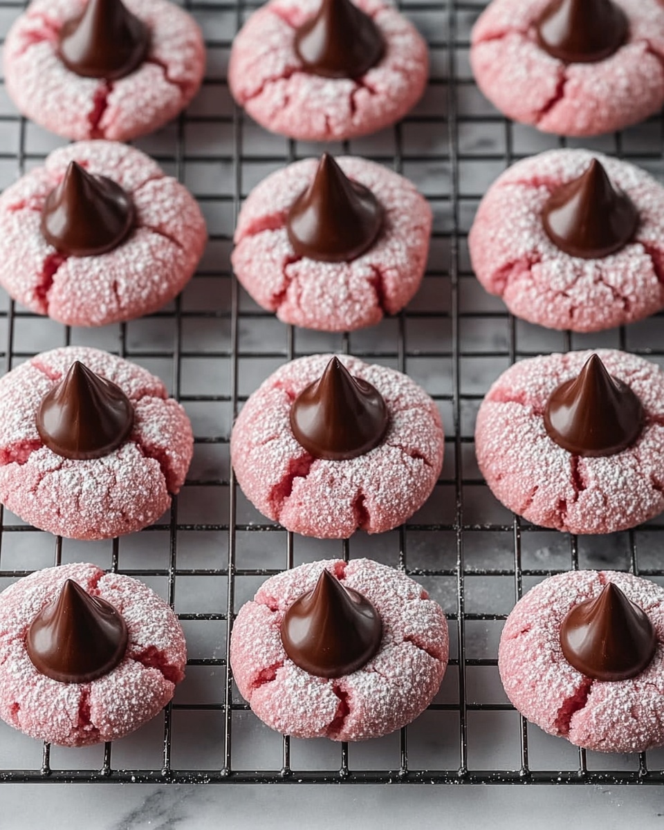 The image shows rows of pink thumbprint cookies with cracks on their surface, each dusted lightly with white powdered sugar. In the center of each cookie is a single, large, glossy milk chocolate drop shaped like a pointed kiss. The cookies are evenly spaced on a black metal cooling rack that sits atop a white marbled surface. The contrast between the soft pink cookies, white powdered sugar, and dark chocolate drops creates a visually appealing arrangement. photo taken with an iphone --ar 4:5 --v 7
