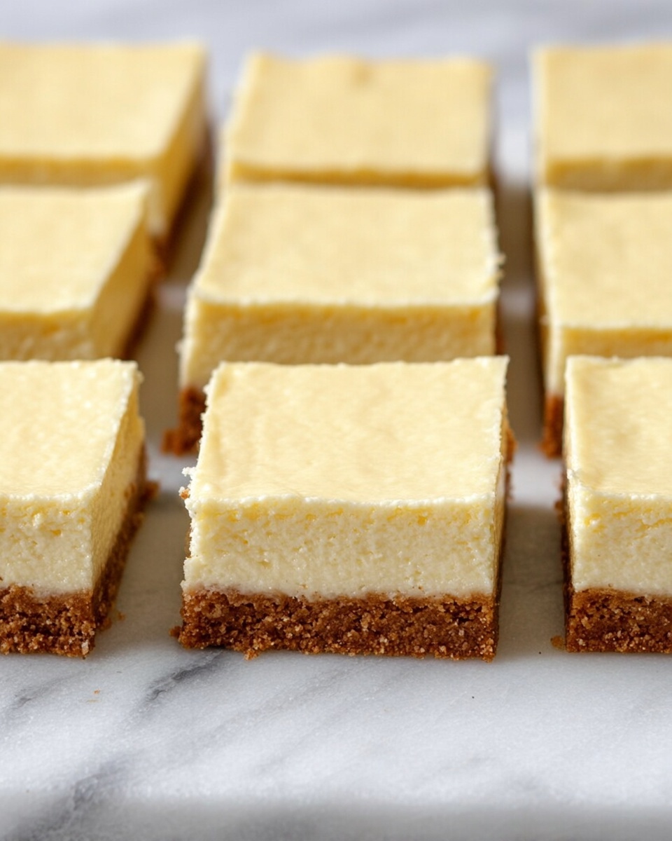 The image shows square pieces of cheesecake bars arranged neatly on a white marbled surface. Each piece has two layers: a thick, smooth, creamy light yellow top layer with a soft texture, and a thinner, crumbly brown crust layer at the bottom. The cheesecake pieces are cut evenly, with straight edges, and the creamy texture contrasts with the rough texture of the crust. Photo taken with an iphone --ar 4:5 --v 7