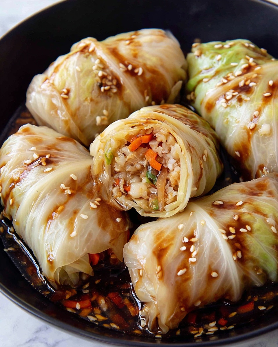 The image shows five cabbage rolls arranged closely in a black bowl on a white marbled surface. Each roll has three to four layers of tender, lightly cooked cabbage leaves in pale creamy white color with some light brown grill marks. The rolls are filled with a mixture of rice, small diced carrots, and mushrooms that show through the slightly open roll at the center. A glossy sauce with sesame seeds and minced garlic is drizzled on top of the cabbage rolls, creating a shiny texture and rich brown color contrast against the pale cabbage. The sauce pools slightly at the bottom of the bowl, adding depth and moisture to the presentation. photo taken with an iphone --ar 4:5 --v 7