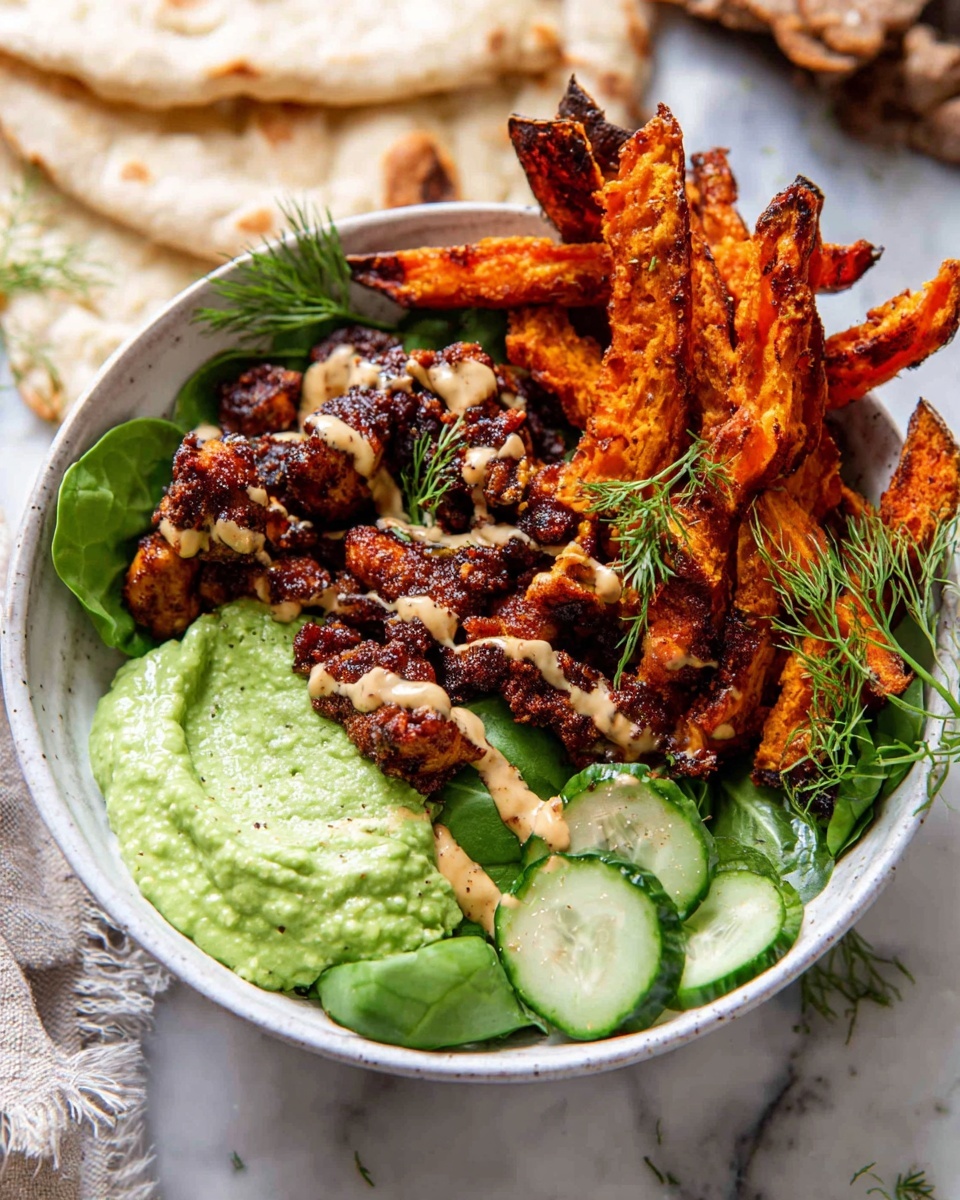 A white bowl filled with layers of food sits on a white marbled surface. At the bottom, there is a bed of fresh green spinach leaves and small cucumber slices. On one side of the bowl, there is a thick spread of bright green creamy sauce with a smooth texture. Next to it, there are dark brown, spiced pieces of cooked chicken topped with a light drizzle of beige sauce. On the other side, tall sticks of roasted sweet potato fries with a crispy, slightly burnt orange-brown texture stand upright. A few sprigs of fresh dill add a touch of green on top. In the background, folded pieces of white flatbread lie around the bowl. The photo taken with an iphone --ar 4:5 --v 7