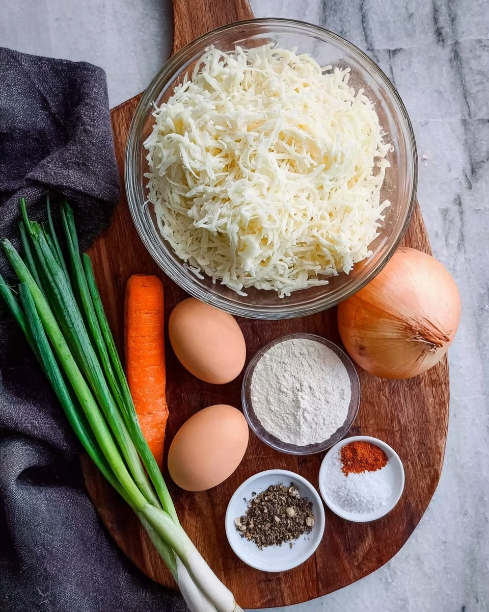 The image shows several cooking ingredients on a wooden board placed on a white marbled surface. There is a large clear glass bowl filled with white shredded cheese at the center. Around the bowl, there are two brown eggs, an orange carrot, a whole onion, and two cloves of garlic. Next to the cheese bowl, there is a small clear bowl with white flour and three small white dishes containing black pepper, a dark red spice, and salt. A bunch of fresh green onions lies on the left side. A dark gray cloth is partially visible on the upper left corner. Photo taken with an iphone --ar 4:5 --v 7