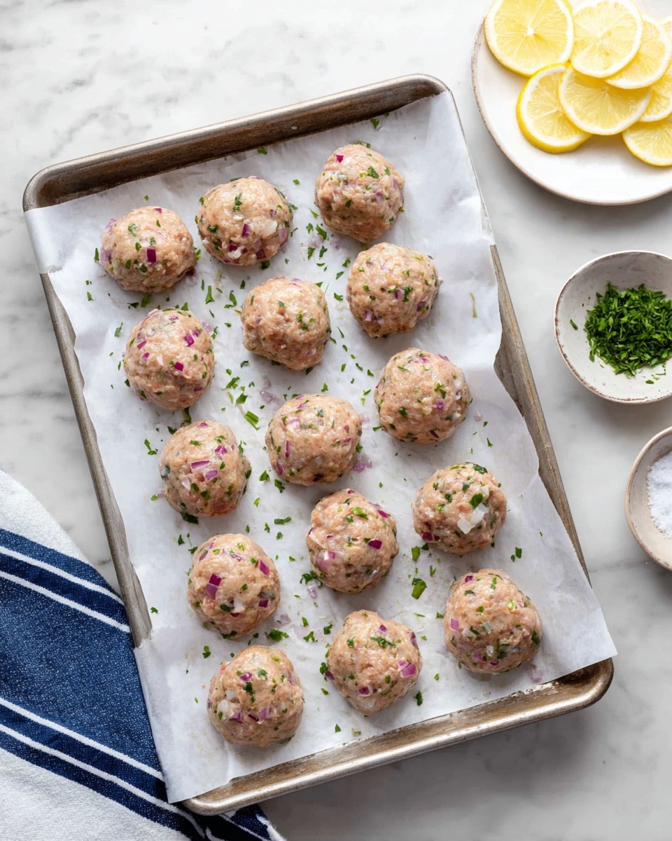 A baking tray lined with white parchment paper holds thirteen evenly spaced, round raw meatballs. Each meatball has a light pinkish-beige color mixed with visible pieces of finely chopped red onions and green herbs. Small bits of white onion are also noticeable through the meat mixture. Some loose green herb sprinkles are scattered on the parchment paper around the meatballs. Around the tray, there are small white dishes—one partially shown with coarse salt and another with chopped green herbs. To the side, a plate with thin lemon slices rests on a white marbled surface next to a blue and white striped napkin. photo taken with an iphone --ar 4:5 --v 7