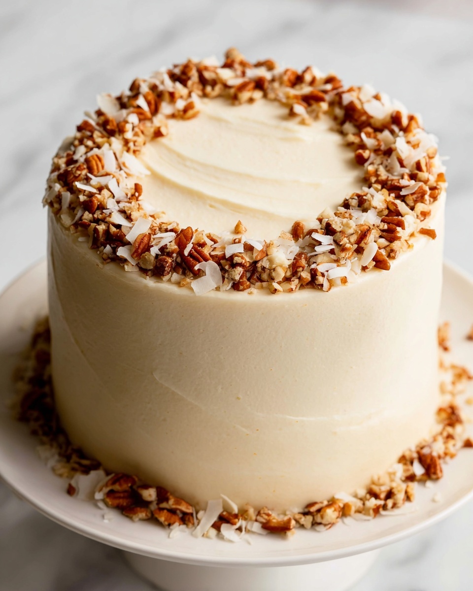 A tall cake with three layers covered in smooth, light cream-colored frosting. The top layer is decorated with a ring of small, chopped brown nuts and white coconut flakes around the edge. More chopped nuts are spread loosely around the base of the cake on a white plate, all placed on a white marbled surface. The cream frosting looks soft and creamy with gentle swirls on top. Photo taken with an iphone --ar 4:5 --v 7