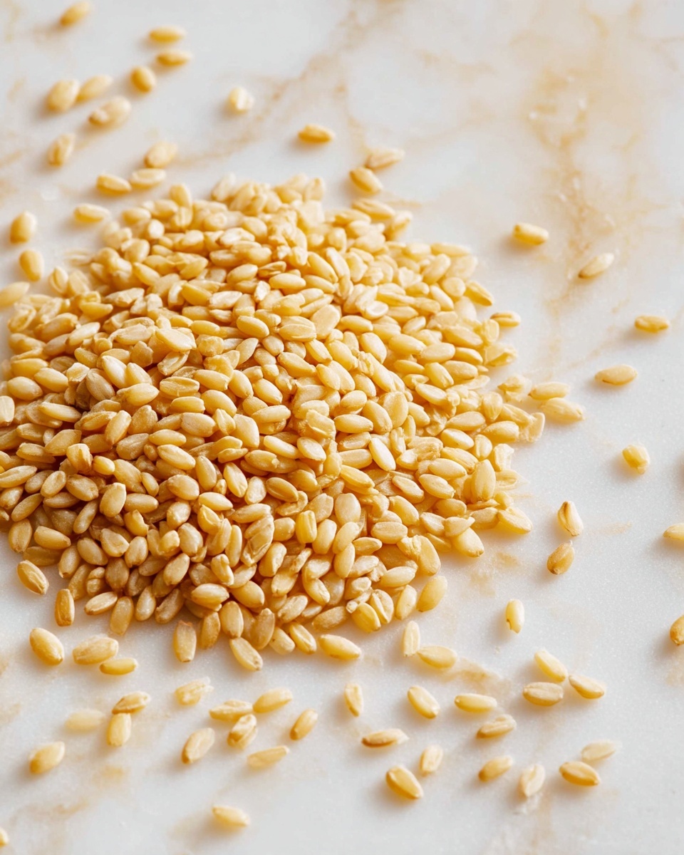 A close-up view of a pile of small, oval, pale yellow grains spread on a white marbled surface, showing a smooth and slightly shiny texture with some grains scattered loosely around the main pile. Photo taken with an iphone --ar 4:5 --v 7