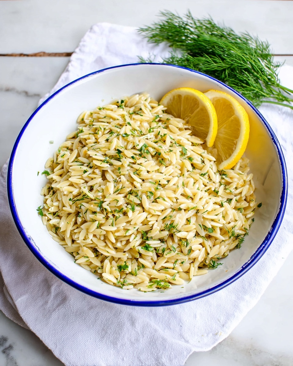 A white bowl with a blue rim holds a dish of small, pale yellow orzo pasta evenly mixed with finely chopped herbs that add small green specks throughout. On one side of the bowl, three thin lemon slices lean slightly against the orzo, with a small bunch of fresh green dill placed beside them. The bowl rests on a white cloth, all set against a white marbled surface. The overall look is fresh and simple, with light colors and a clean presentation. photo taken with an iphone --ar 4:5 --v 7
