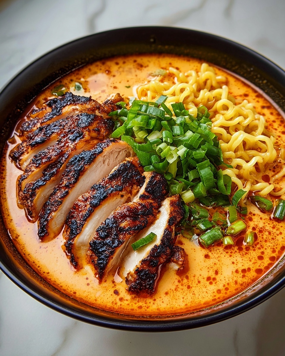 A black bowl filled with creamy, orange-red broth with visible oil floating on top. On one side, a layer of sliced grilled chicken with a deeply charred brown surface showing a mix of crispy dark spots and white tender inside. Next to the chicken, a pile of bright green chopped scallions creates a fresh contrast. On the other side, yellow curly noodles sit partially submerged in the broth, their texture wavy and slightly shiny. The bowl is placed on a white marbled surface. photo taken with an iphone --ar 4:5 --v 7