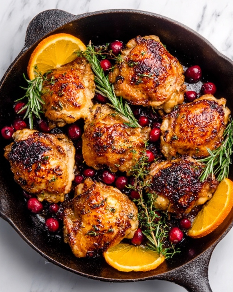 A white cast iron skillet filled with five browned and crispy cooked chicken thighs arranged neatly, showing a golden-brown and slightly charred skin texture. Among the chicken pieces are bright red cranberries scattered around, and fresh green rosemary sprigs placed on top for garnish. Two orange slices are placed inside the skillet on the top left and bottom right, adding a fresh pop of color. The skillet sits on a white marbled surface that adds a clean and elegant touch to the presentation. Photo taken with an iphone --ar 4:5 --v 7