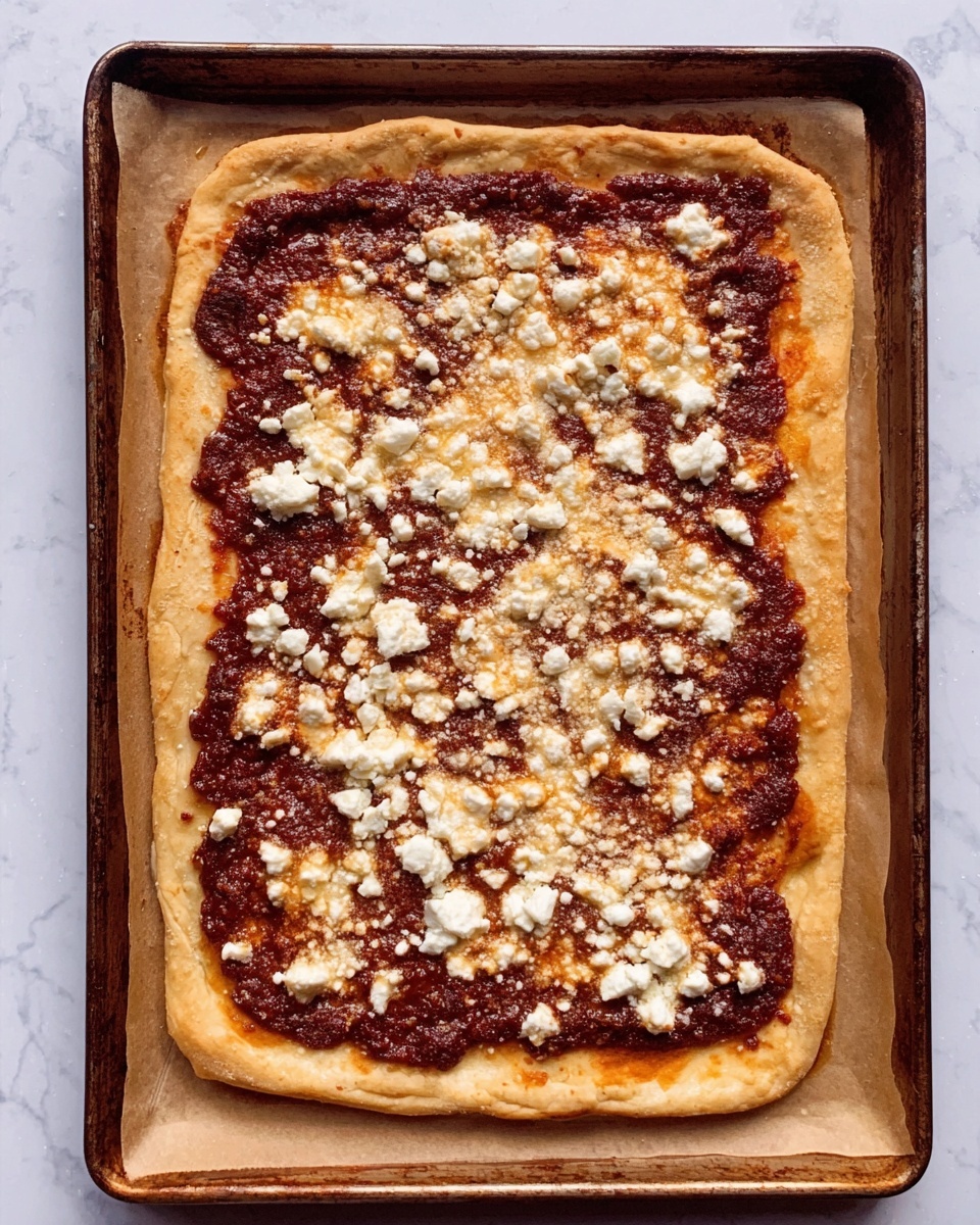 A rectangular pizza with a golden-brown crust sits on parchment paper on a baking tray over a white marbled surface. The pizza has a thick layer of dark red tomato sauce spread evenly on top, covered with small, uneven white crumbles of cheese scattered across the surface. The edges of the crust are slightly puffed and crisp, showing the light texture of the dough. photo taken with an iphone --ar 4:5 --v 7