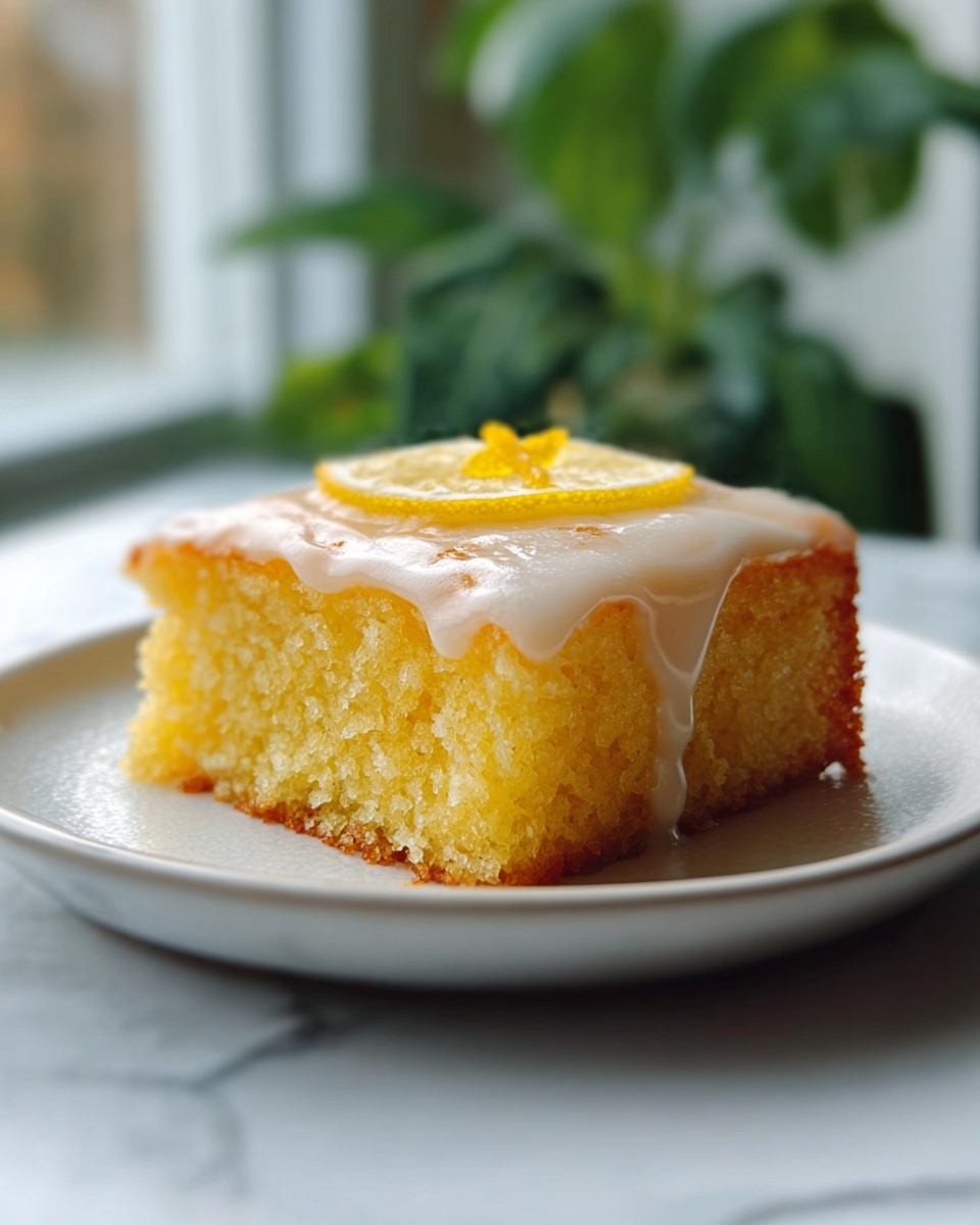 A single square piece of yellow cake with a soft and moist texture is placed on a white round plate. The cake has a glossy white icing layer on top that drips slightly down the sides. On the center of the icing, there is a small round yellow garnish that looks like a thin slice of fruit. The plate is set on a white marbled surface with a blurred window and green leaves in the background. photo taken with an iphone --ar 4:5 --v 7