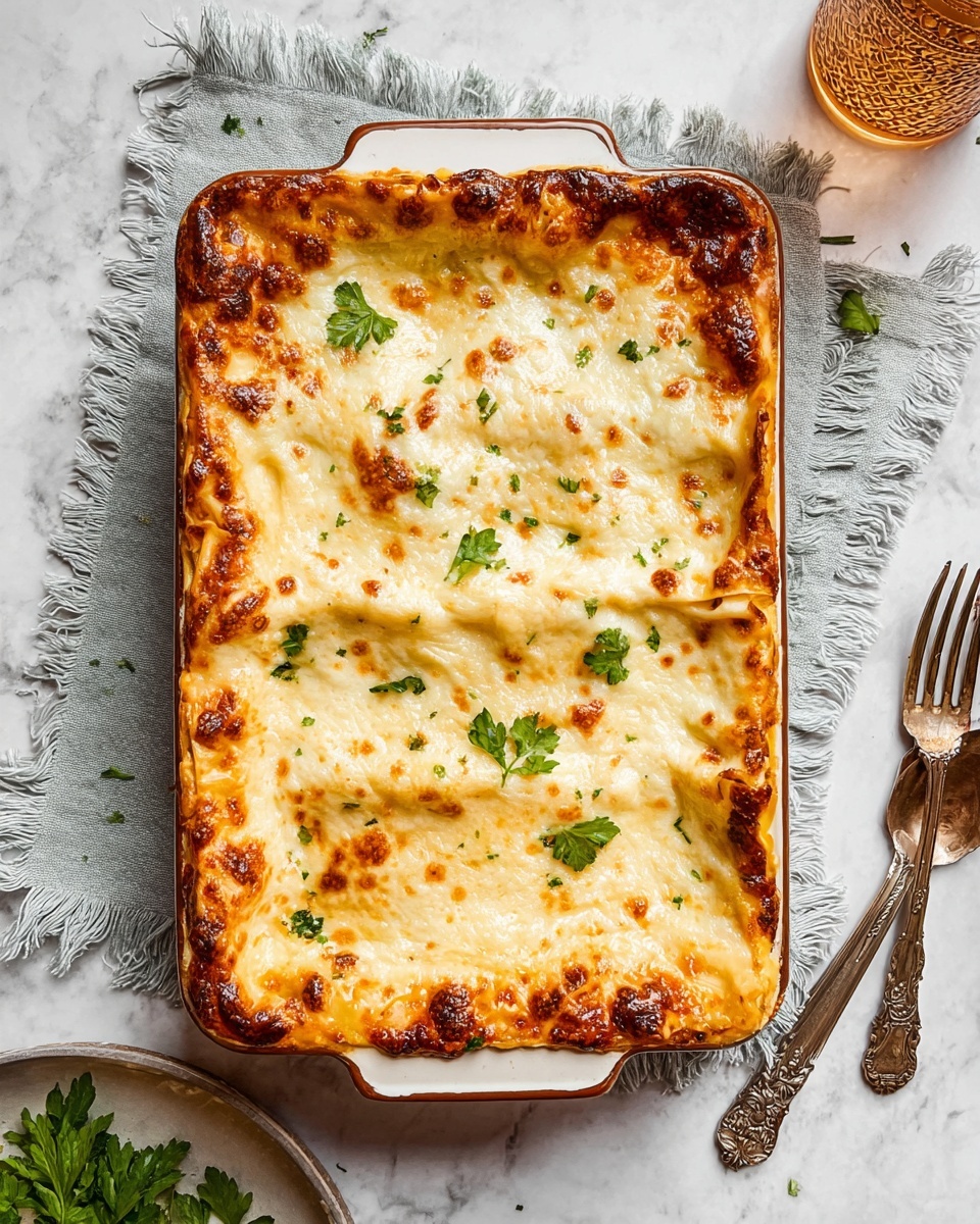 A rectangular layered lasagna is shown from above in a white ceramic dish with brown edges, topped with a thick, golden-brown melted cheese layer that is bubbly and slightly browned in spots. Small green parsley leaves are scattered on top for garnish. The lasagna edges show slightly browned pasta layers underneath the cheese. The white ceramic dish is placed on a light grey cloth with fringed edges, which lies on a white marbled surface. To the bottom right, there are a fork and spoon with intricate handles, and to the top right, a glimpse of a clear amber glass with a textured pattern is visible. photo taken with an iphone --ar 4:5 --v 7