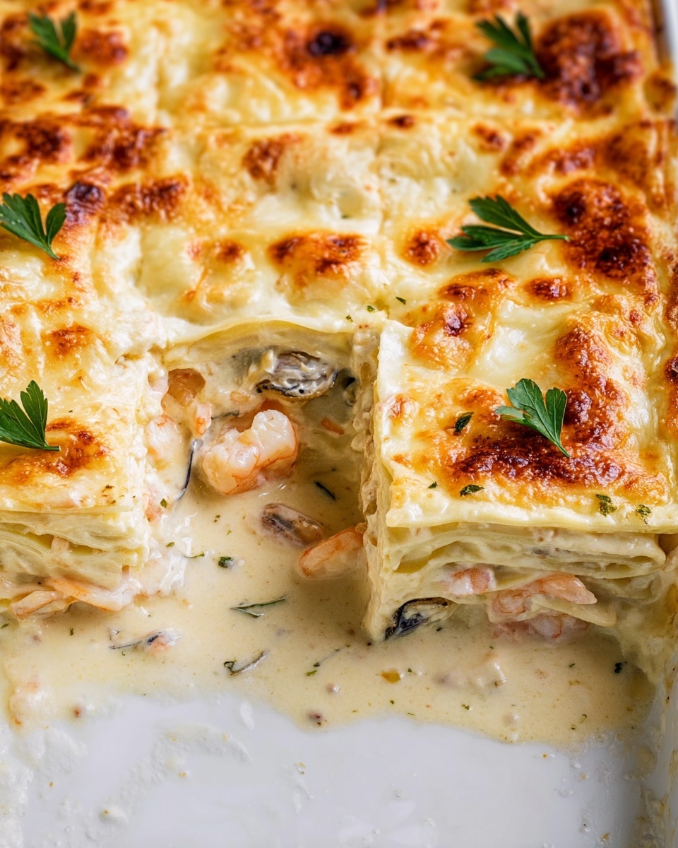 A thick square slice of lasagna is shown from a side angle, displaying four visible layers of creamy, pale orange sauce mixed with shredded salmon pieces, and soft white cheese layers. On top, there is a golden-brown melted cheese crust with small brown spots and a few pink shrimp scattered on the surface sprinkled with chopped green herbs. The slice is placed on a white plate on a white marbled surface. Photo taken with an iphone --ar 4:5 --v 7