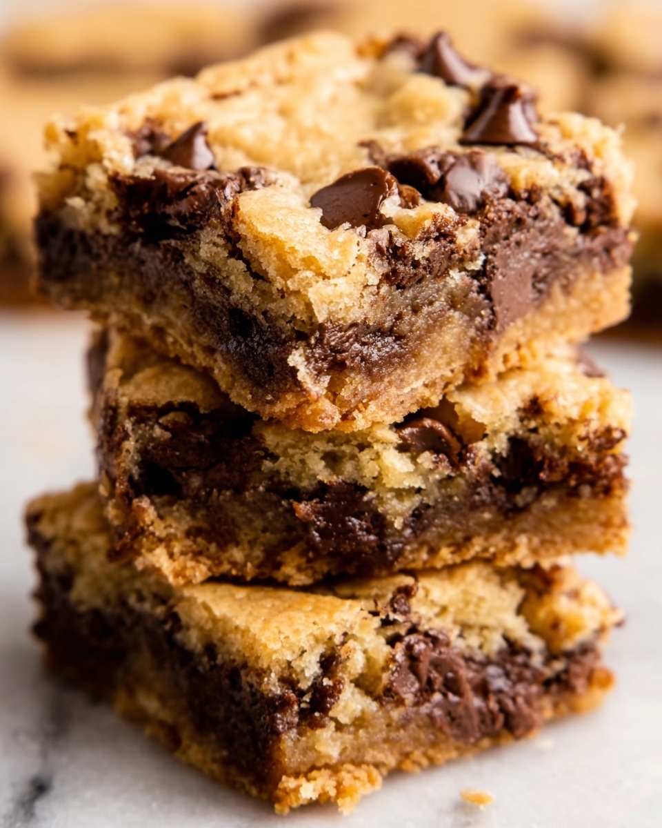 A close-up view of a stack of three chocolate chip cookie bars on a white marbled surface. Each bar has a golden-brown top with a soft, slightly crumbly texture and visible large dark chocolate chunks scattered throughout. The layers show a thick, dense inside with melted chocolate swirls and bits, while the edges look lightly crispy and browned. The whole stack appears homemade, with some uneven edges highlighting its fresh baked look. Photo taken with an iphone --ar 4:5 --v 7