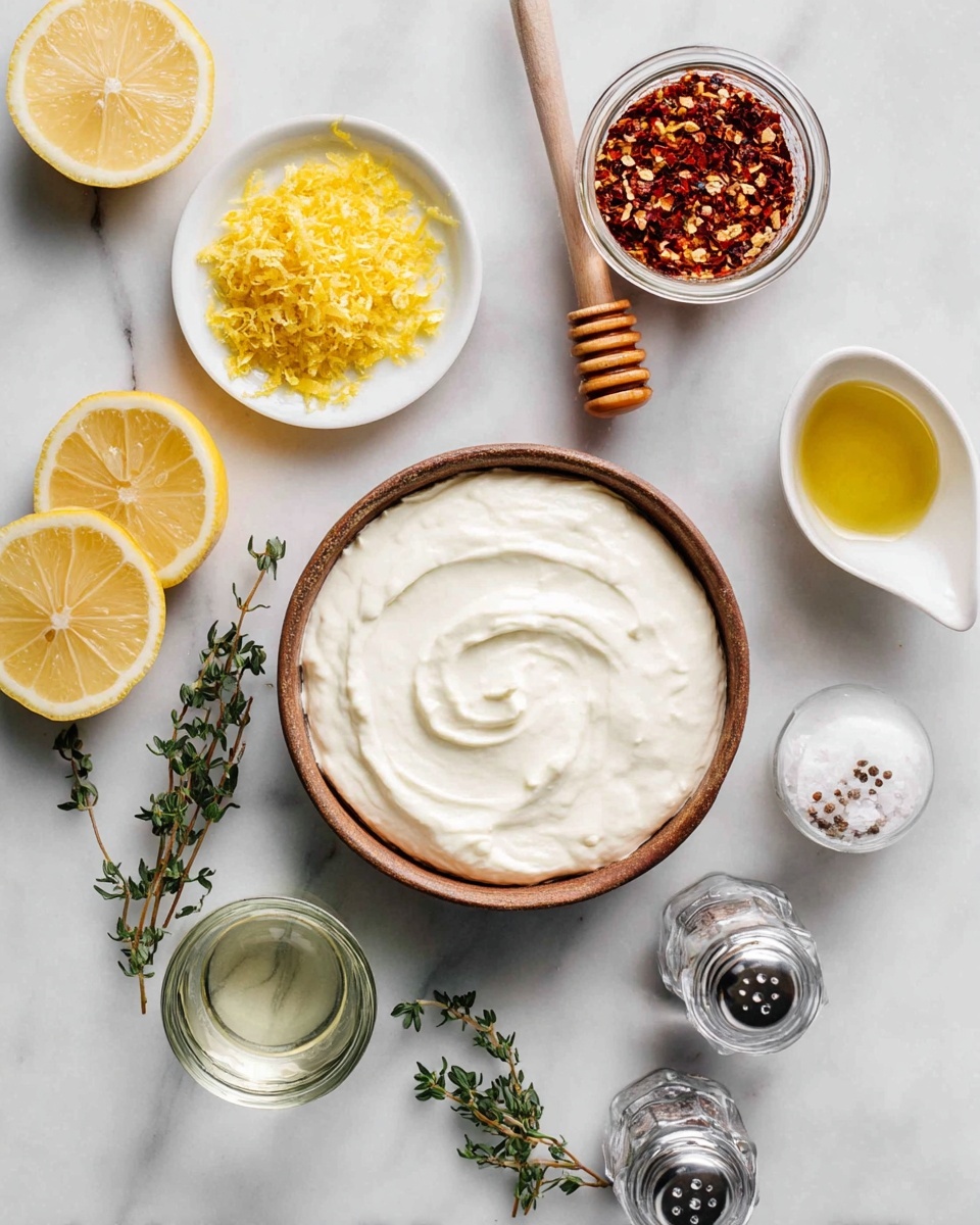 The image shows a top view of ingredients arranged on a white marbled surface. At the center, there is a bowl filled with smooth, white creamy cheese with a swirl pattern on top. To the left, two lemon halves are placed beside a small white dish holding bright yellow lemon zest. Above the cheese bowl, a small glass jar contains red chili flakes with a wooden honey dipper resting inside. Below the lemons is a small glass with clear liquid, next to fresh green thyme sprigs. To the right of the cheese bowl, a tiny white pitcher holds a small amount of golden olive oil. In the lower right corner, clear glass salt and pepper shakers lie close to each other. photo taken with an iphone --ar 4:5 --v 7