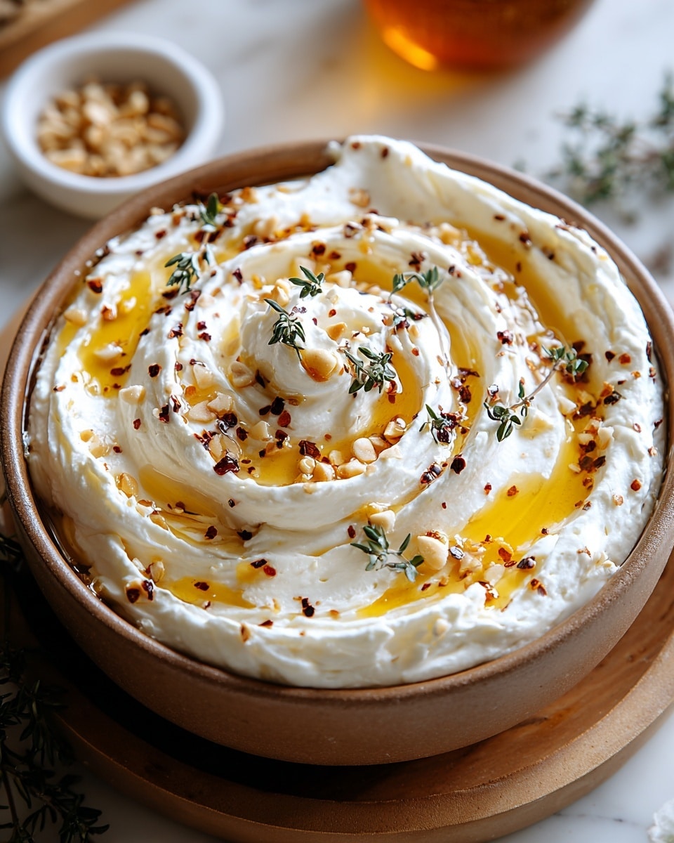 A white bowl filled with creamy white yogurt spread thickly in a circular pattern, creating soft swirls on the surface. In the center is a bright yellow swirl of honey pooling slightly, shining under soft light. Scattered over the yogurt and honey are pieces of crushed dark brown walnuts and small green herb leaves, adding texture and color contrast. Around the edge of the yogurt are small specks of reddish spice for extra detail. The bowl rests on a white marbled surface with a few slices of toasted bread to the side. Nearby is a glass container with golden honey and some sprigs of fresh rosemary. A woman's hand reaches into the frame from the right side, gently holding one of the toast slices. photo taken with an iphone --ar 4:5 --v 7