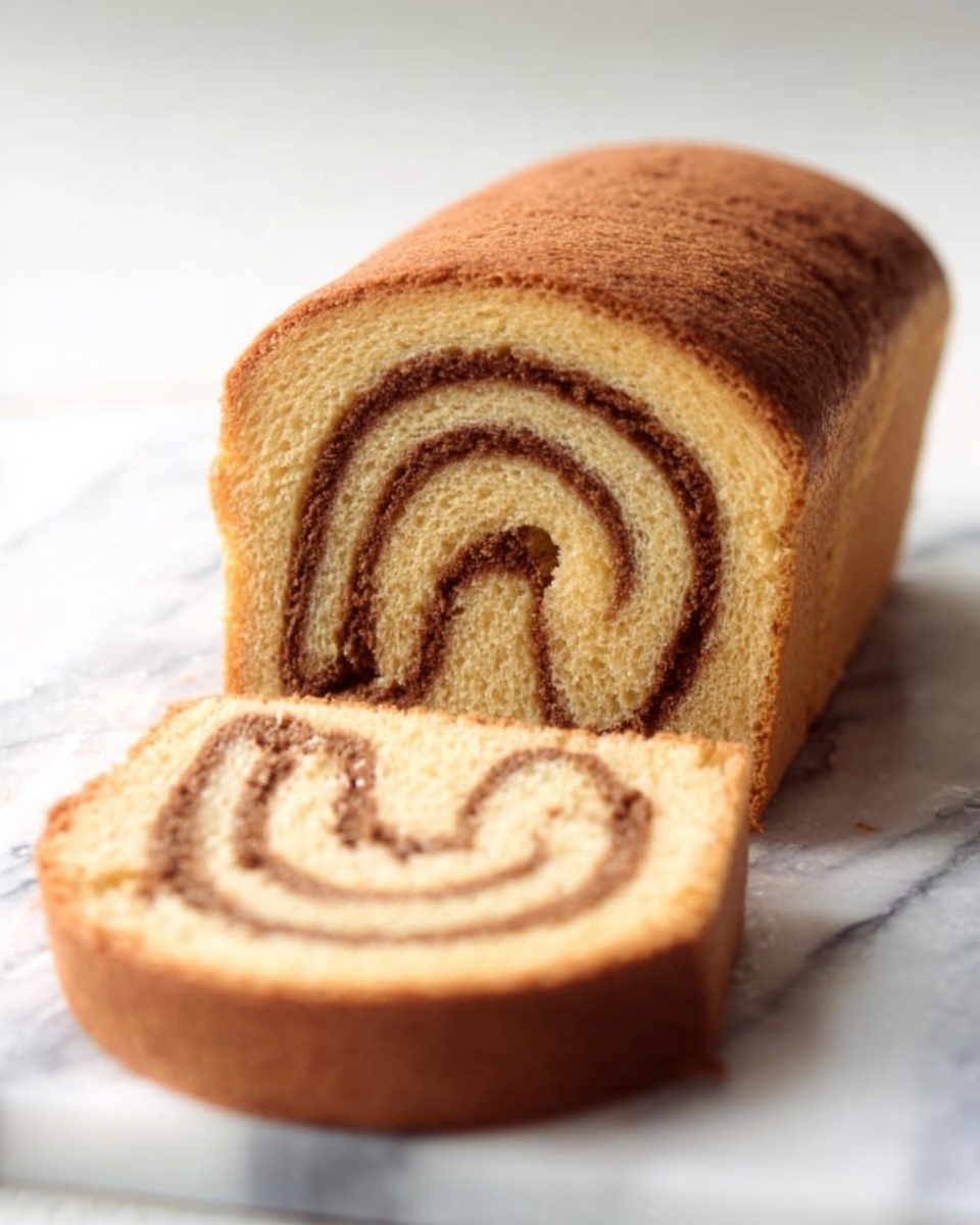 A loaf of light brown rolled cake sits on a white marbled surface with one slice cut and laying flat in front of it, showing visible dark brown spiral layers inside the soft, smooth cake. The outside crust is a slightly darker golden brown, creating a clear contrast with the lighter cake interior. The spiral pattern is tight and evenly spaced. Photo taken with an iphone --ar 4:5 --v 7