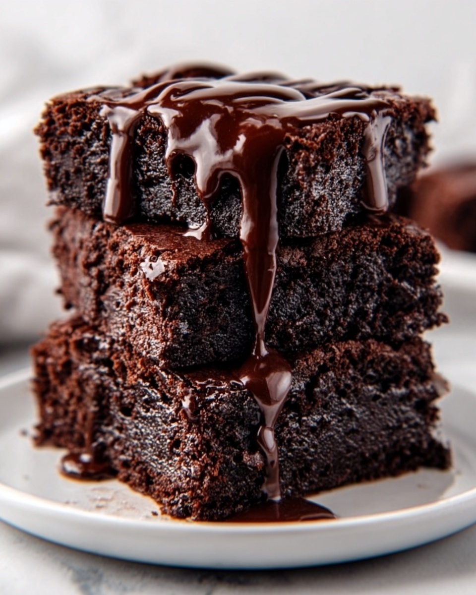 A stack of three thick, dark brown chocolate brownies sits centered on a round white plate. Each brownie layer shows a dense, moist texture with small air holes visible on the surface. Rich, shiny dark chocolate sauce is poured over the top brownie, slowly dripping down the sides and pooling slightly on the plate. The background features a white marbled surface, keeping the focus on the brownies. photo taken with an iphone --ar 4:5 --v 7