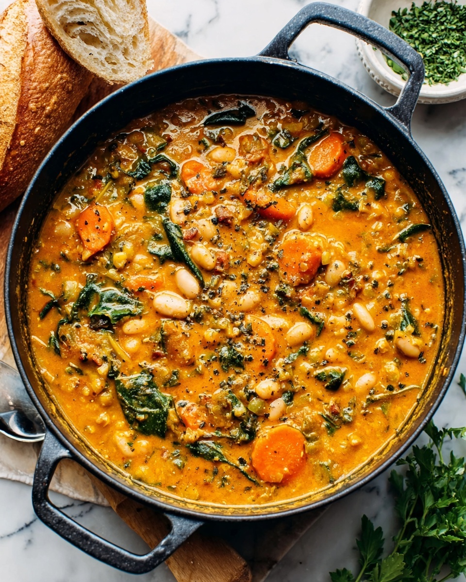 A round black pan filled with a rich, thick orange curry with visible chunks of white beans, green leafy vegetables, and thin slices of orange carrots mixed evenly throughout. The curry has a creamy texture with small bits of herbs and spices seen on top. The pan is placed on a white marbled surface, with a white bowl holding chopped green herbs and some fresh green leafy sprigs nearby. A piece of bread is partly visible on the left side. Photo taken with an iphone --ar 4:5 --v 7