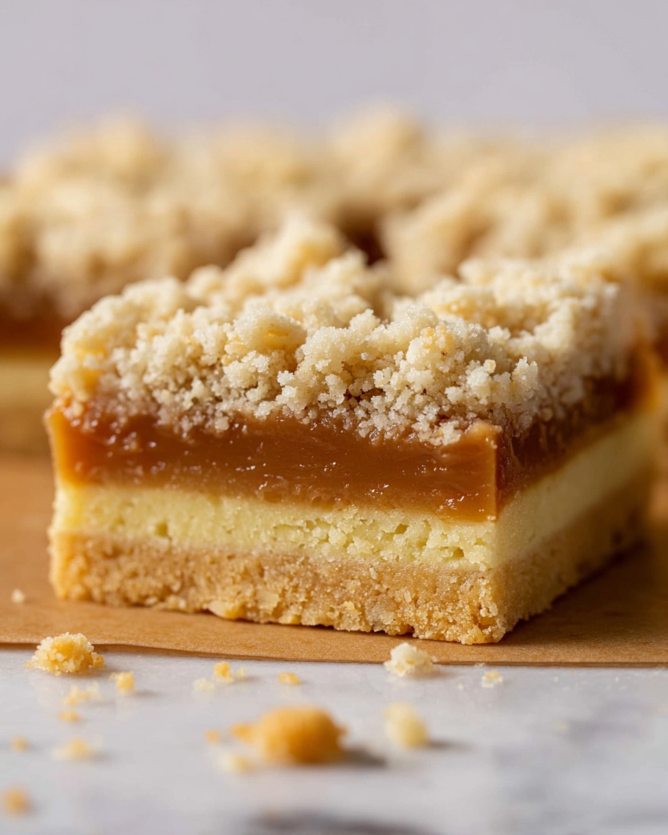The image shows a close-up side view of a crumb bar dessert with three visible layers. The bottom layer is a thick, crumbly shortbread base with a light golden color and a coarse texture. The middle layer is a smooth, thick caramel filling with a rich brown tone and shiny surface. The top layer is a crumbly streusel topping, light beige in color, with uneven small clusters creating a rough texture. The bar is cut into a square shape, and small crumbs are scattered around the base on a white marbled surface. Photo taken with an iphone --ar 4:5 --v 7
