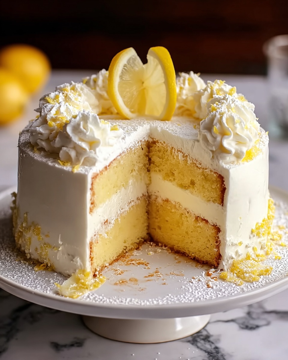 The image shows a round lemon cake with two thick yellow sponge layers separated by a white creamy filling. The outside is covered in smooth white frosting, with small whipped cream swirls evenly spaced on top. Two thin lemon slices stand upright in the middle of the cake, adding bright yellow color. The cake sits on a white plate with crumbs and powdered sugar sprinkled around its base. The background surface is white with a marbled texture. Photo taken with an iphone --ar 4:5 --v 7
