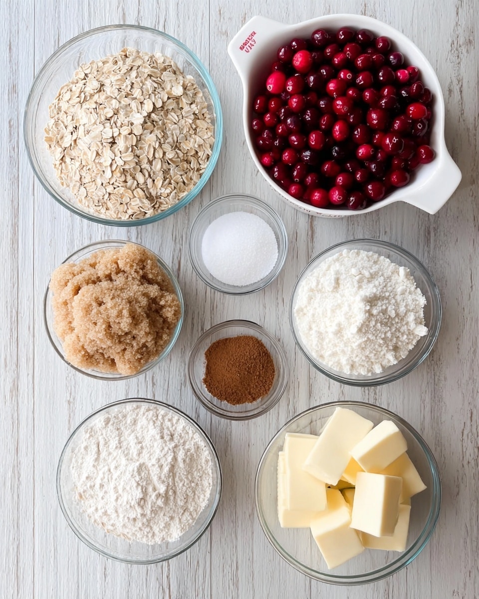 The image shows seven glass bowls and a white measuring cup filled with different baking ingredients arranged neatly on a light wood textured surface. Starting top left, a bowl holds off-white rolled oats with a rough texture. To its right, the white measuring cup is filled with bright red and dark red whole cranberries, piled high. Below the oats, there is a bowl filled with light brown soft brown sugar, fluffy and granulated. Next to it, a bowl contains fine white flour with a soft powdery texture. Centered below the brown sugar and flour, there are three small bowls holding ground cinnamon (light brown powder), salt (white granules), and baking powder (a white fine powder). On the bottom right, a bowl contains pale yellow cubed butter with smooth edges. The whole setup is on a white marbled surface. Photo taken with an iphone --ar 4:5 --v 7
