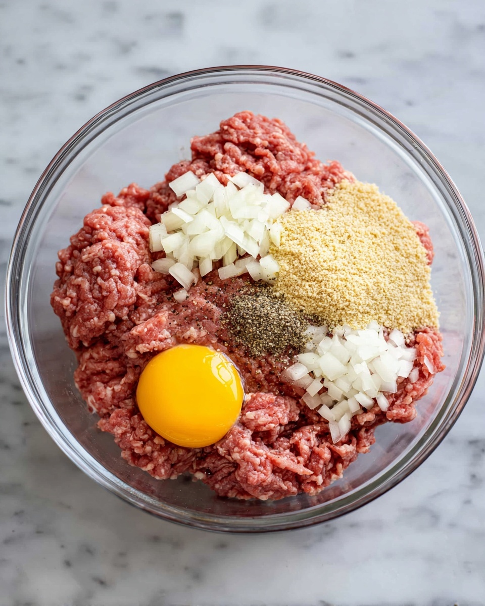 A clear glass bowl sits on a white marbled surface, filled with raw ground meat covering most of the bowl's bottom. On the right side of the meat, there is a small pile of light brown breadcrumbs. Near the center, small amounts of white salt, black pepper, and light yellow seasoning are neatly placed. Diced white onions are in a small pile to the left of the seasonings. At the bottom of the bowl, a single raw egg with a bright yellow yolk and clear egg white is visible. The photo taken with an iphone --ar 4:5 --v 7