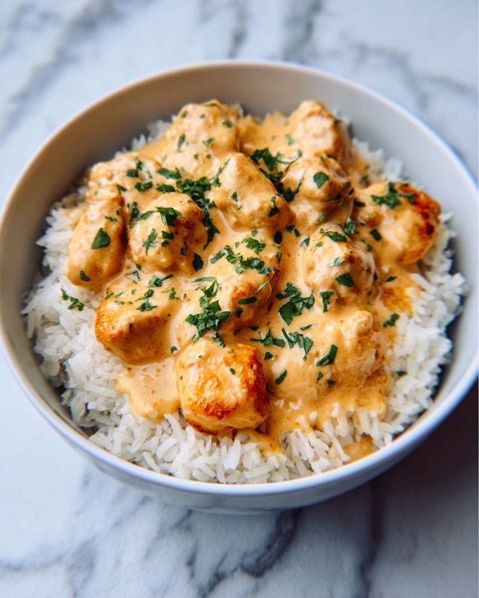 The image shows a white bowl filled with fluffy white rice at the bottom layer, topped with pieces of golden-brown cooked chicken covered in a creamy light orange sauce. Small green herbs are sprinkled on top, adding a fresh color contrast. The bowl is set on a white marbled surface. The photo is taken with an iphone --ar 4:5 --v 7